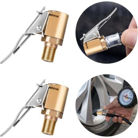 Mandril neumático con clip adaptador, 2 juegos de infladores de neumáticos con conector dentado para reparación de mangueras, válvula de mandril de aire de flujo abierto de 1/4", adaptador antifugas ( (1/4)