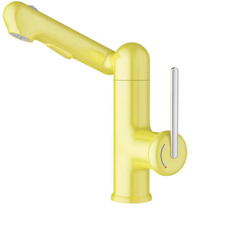Grifo para lavabo de baño totalmente de cobre con manija elevable, diseño de baño moderno, amarillo