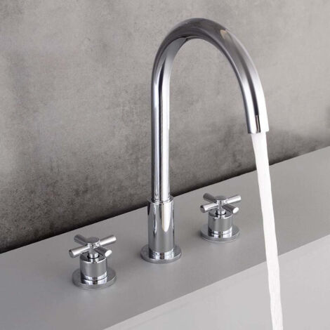 Juego de grifo para lavabo independiente de 3 orificios - Cuerpo de latón - Diseño de dos manijas, Modelo A Plata