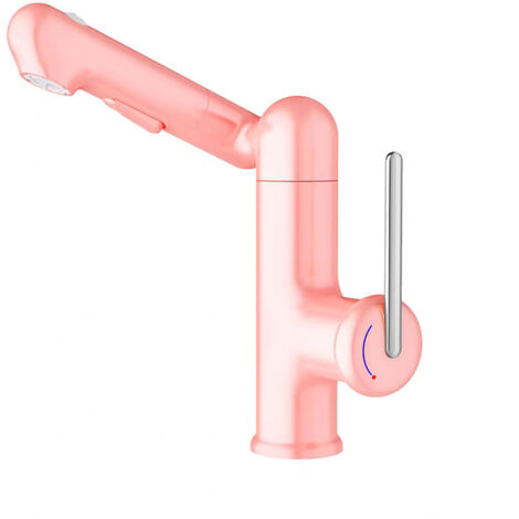 Grifo para lavabo de baño totalmente de cobre con manija elevable, diseño de baño moderno, color rosa (1/4)