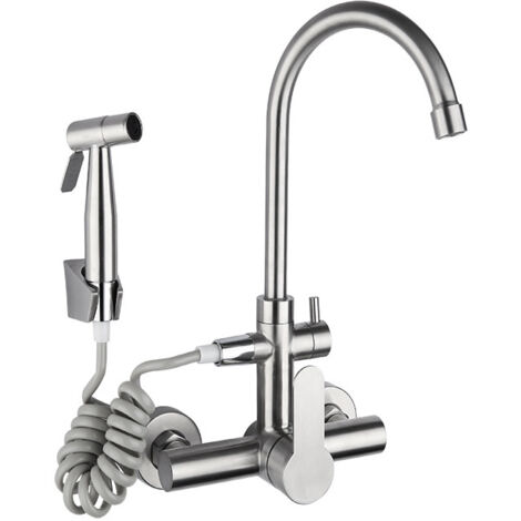 Grifo de cocina multifuncional de pared, acero inoxidable, rociador extraíble integrado, doble orificio