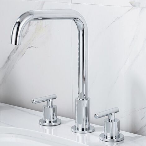 Juego de grifos para lavabo de tres orificios separados, cartucho de latón, tubo en ángulo recto plateado (1/3)
