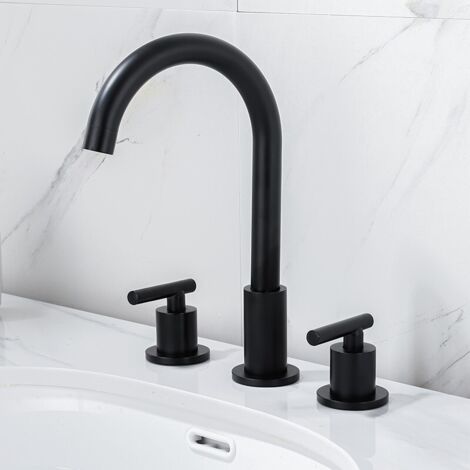 Juego de grifos para lavabo de tres orificios separados, cartucho de latón, cuello de cisne negro (1/5)