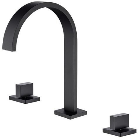 Juego de grifo para lavabo independiente de 3 orificios - Cuerpo de latón - Diseño de dos manijas, Modelo B Negro