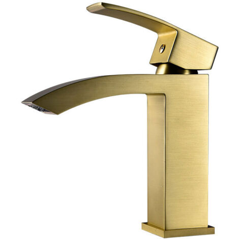 Grifo para lavabo cascada extraplano en acero inoxidable 304, instalación de un solo orificio, manija elevable, dorado (1/5)