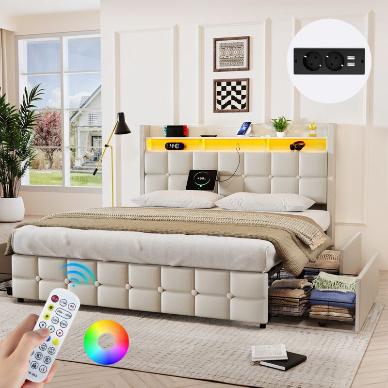 Lit Double Flottant 140x190 Cm Avec éclairage LED Et Rangements - Cadre Moderne Avec Sommier à Lattes - Sans Matelas