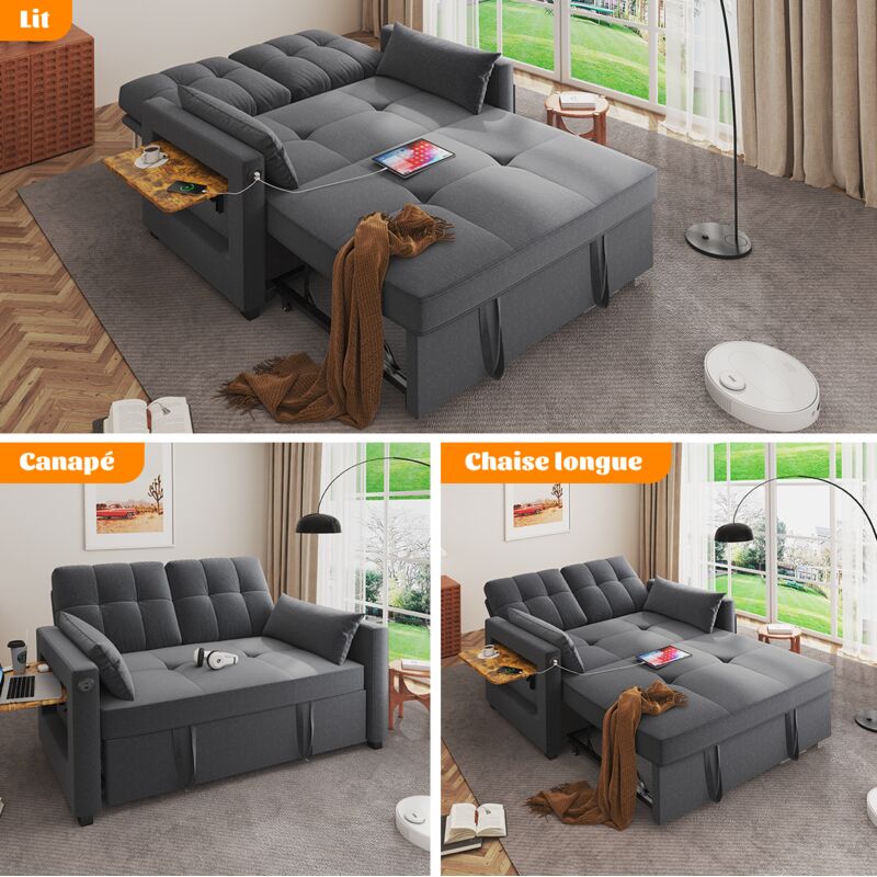 Canapé Lit Pliant 2 En 1 - Tissu Chenille - 139x83x58cm - Capacité 280kg - Avec Rangement Et USB