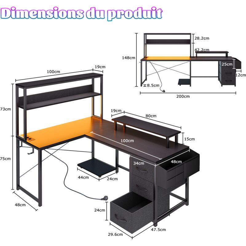 Rolanstar Bureau Gaming d'angle en L avec LED, Prises et Ports USB, 135