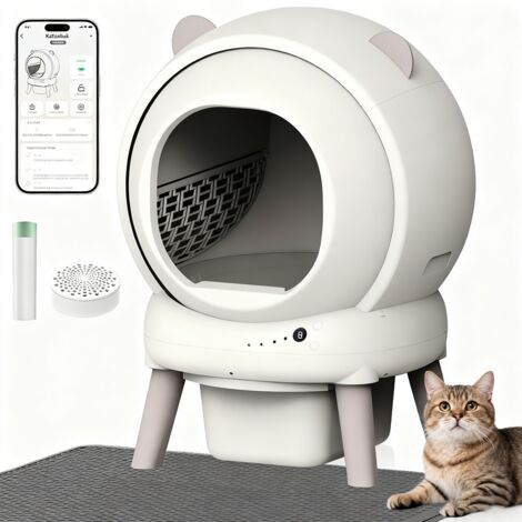 Litière chat autonettoyante capacité maximale de 65l, bac à litière pour chat alerte intelligente via contrôle app, surveillance santé, capteur infrarouge, adapté à de nombreux types de litière