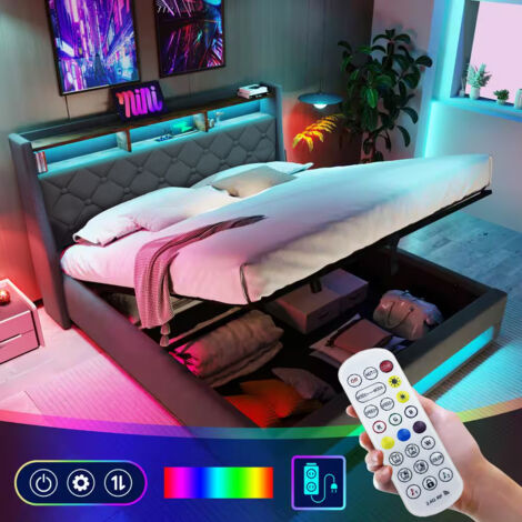 Lit 140x190 cm en lin gris avec sommier, lit coffre avec éclairage LED et ports USB, lit double adulte moderne avec rangement, facile à monter