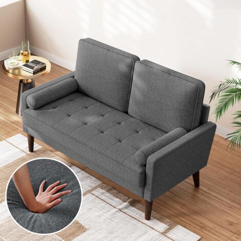 Canapé 2 places en tissu lin gris, style scandinave moderne, compact pour salon ou petit appartement, avec accoudoirs et coussins, 121 x 77 x 87 cm