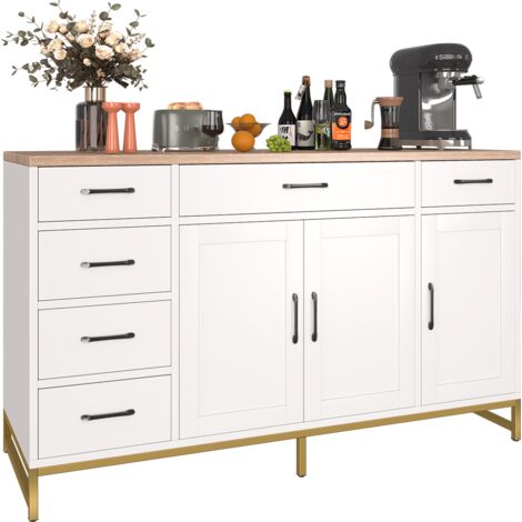 Buffet de Rangement Industriel Blanc – Meuble 140x40x80 cm avec 3 Portes, 6 Tiroirs et Étagères Réglables – Rangement Polyvalent pour Salon, Salle à Manger ou Bureau