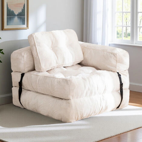 Canape-lit 3 en 1 convertible 1 place - fauteuil convertible en forme de L avec accoudoirs et coussin – canapé compressé compact pour salon ou chambre – 170 x 85 x 22 cm – velours - beige