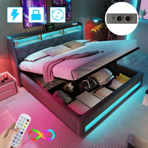 Lit coffre 140x190 cm avec sommier, lit coffre avec éclairage LED, prises et ports USB, tissu en lin gris, lit 2 personnes, espace de rangement, facile à monter