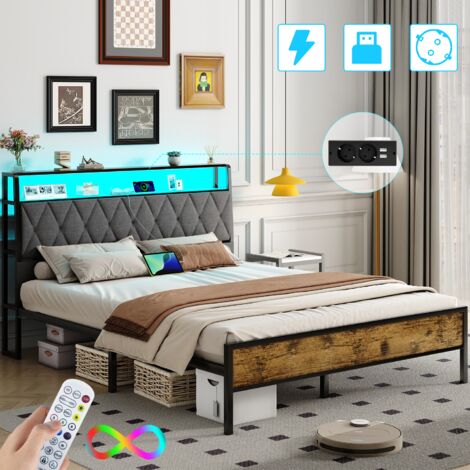 Lit 140x190 cm avec sommier en métal, lit coffre avec LED, prises et ports USB, lit 2 personnes, espace de rangement, gris, facile à monter