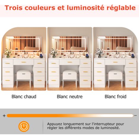 Coiffeuse Blanche Avec Miroir LED Et Tabouret - 3 Couleurs De Lumière Réglable, Station De Charge, Plateau En Verre - Bureau Maquillage 55x40x152cm