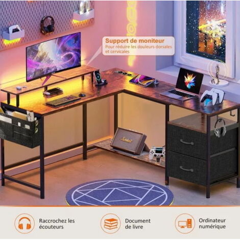 Bureau Gaming En Forme L Avec Tiroirs Et Prise LED - Noir, 163x90 Cm, à Monter, Marque Générique