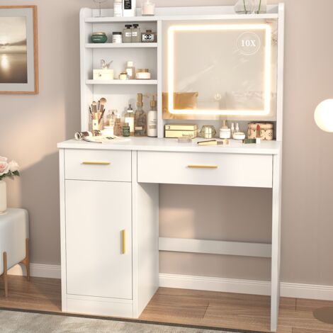 Coiffeuse avec Miroir LED, Luminosité Réglable, 3 Couleurs, Coiffeuse avec Grand Miroir, 2 tiroirs 5 Étagères et 1 Armoire, Rangement Caché, 40P X 80L X 140H cm, Blanc