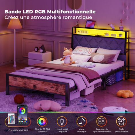 Lit Coffre 90x200 cm , Lit Simple avec Sommier Relevable et LED , Port