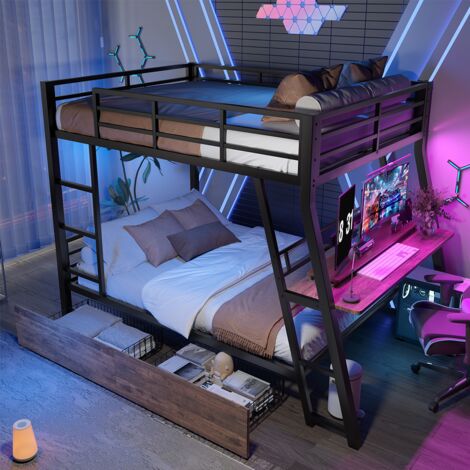 Lit superposé 140 x 200 cm en métal noir avec LED, lit gaming avec tiroirs, bureau intégré, escalier sécurisé et garde-corps (1/5)