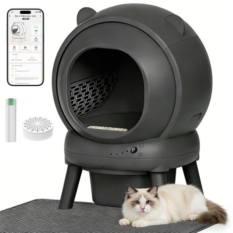 Litière chat autonettoyante capacité maximale de 65l, bac à litière pour chat alerte intelligente via contrôle app, surveillance santé, capteur infrarouge, adapté à de nombreux types de litière