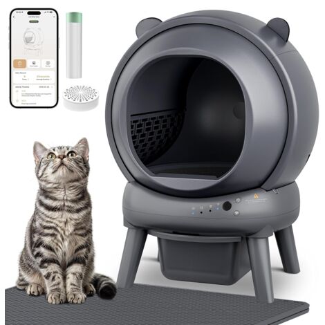 Litière chat autonettoyante capacité maximale de 65l, bac à litière pour chat alerte intelligente via contrôle app, surveillance santé, capteur infrarouge, adapté à de nombreux types de litière