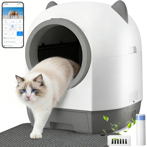 Litière chat autonettoyante capacité maximale de 80L, bac à litière pour chat alerte intelligente via contrôle app, surveillance santé, capteur infrarouge, adapté à de nombreux types de litière