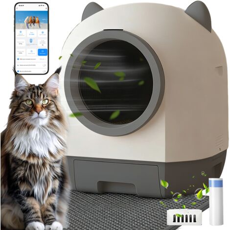Litière chat autonettoyante capacité maximale de 80L, bac à litière pour chat alerte intelligente via contrôle app, surveillance santé, capteur infrarouge, adapté à de nombreux types de litière