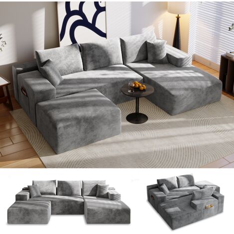 Canapé d'angle convertible modulable en velours côtelé beige avec support téléphone et ports usb Canapé d'angle convertible modulable en velours côtelé beige avec support téléphone et ports usb