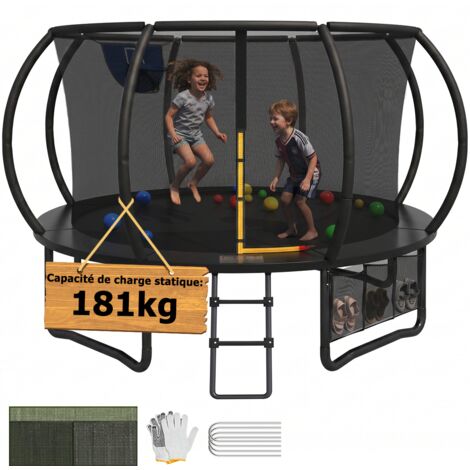 Trampoline extérieur ø 366 cm, capacité de charge 180kg, trampoline de jardin robuste pour enfants et adultes, avec panier de basket, sac de rangement, couverture de protection, échelle