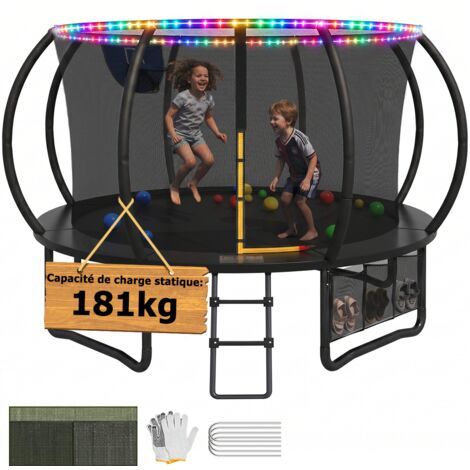 Trampoline extérieur ø 366 cm avec éclairage LED, capacité de charge 180kg, trampoline de jardin robuste pour enfants et adultes, avec panier de basket, sac de rangement, couverture de protection, éch