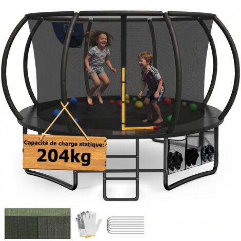 Trampoline extérieur ø 427 cm, capacité de charge 204kg, trampoline de jardin robuste pour enfants et adultes, avec panier de basket, sac de rangement, couverture de protection, échelle