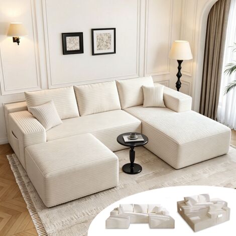 Canapé d’angle 4 places avec fonction lit, canapé modulable en L pour salon, convertible moderne avec 5 coussins, 274L x 175P x 64H cm, beige (1/5)