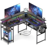 Bureau Gaming LED avec Prise électrique, 140x120cm Grande Table Gaming avec étagères de Rangement et Support d'écran, Bureau Gamer en Forme de L Table pour Etudier, Jouer et Travailler, Noir
