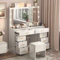 Coiffeuse avec Miroir LED et Tabouret, Luminosité Réglable, 3 Couleurs, 8 Tiroirs, Toit en plexiglas Transparent, Coiffeuse avec Prise Et Grand Miroir, 40P X 113L X 140H cm, Blanc