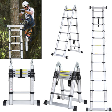 SWANEW Teleskopleiter Ausziehleiter Klappleiter Stabil Aluminium Stehleiter 1,9m+1,9m Silber ohne haken Mit Stabilisator - Silber (1/5)