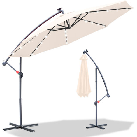 Sonnenschirm mit LED 350 cm Beige – mit Kurbel & Ständer – UV-Schutz wasserabweisend knickbar – Strandschirm Marktschirm (1/5)