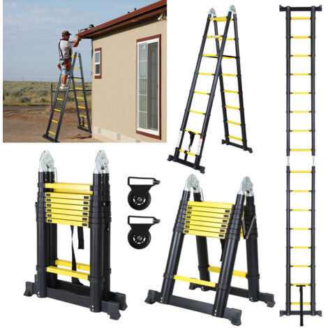 SWANEW Teleskopleiter 2,5m+2,5m mit Rädern Stehleiter Klappleiter Stabil Aluminium bis 150kg (1/5)