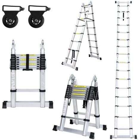 SWANEW Teleskopleiter Ausziehleiter Klappleiter Stabil Aluminium Stehleiter bis 150kg 2,5m+2,5m Silber ohne haken Mit Stabilisator Mit Rädern (1/5)