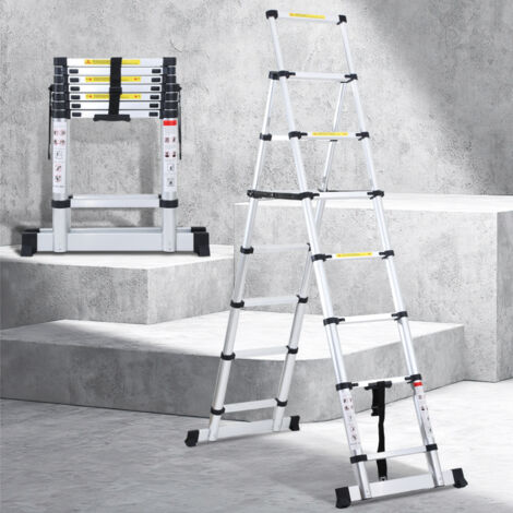 SWANEW Teleskopleiter Ausziehleiter Klappleiter Stabil Aluminium Stehleiter bis 150kg 2.0m+2.3m Mit Waagebalken (1/5)