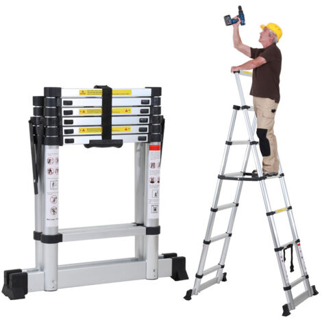 SWANEW Teleskopleiter Alu Leichtgewicht Rutschfester 1,4m+1,7m Silber Multifunktionsleiter Mehrzweckleiter Ausziehbare Leiter 15 Stufe Stehleiter aus Hochwertigem Aluminium Belastbarkeit 150KG (1/5)