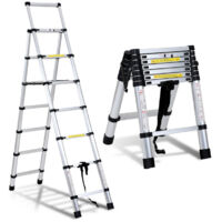 SWANEW Teleskopleiter Alu Leichtgewicht Rutschfester 2,0m+2,3m Silber Multifunktionsleiter Mehrzweckleiter Ausziehbare Leiter 15 Stufe Stehleiter aus Hochwertigem Aluminium Belastbarkeit 150KG