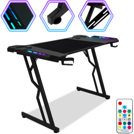 Wolketon Scrivania da gioco ergonomica Z-Form 120x60cm Tavolo da gioco con foro, portabicchieri e gancio per cuffie (luce LED + telecomando)