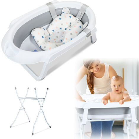 Wolketon Vaschetta per bambini pieghevole con supporto, capacità fino a 10 kg, con cuscino da bagno (Grigio)