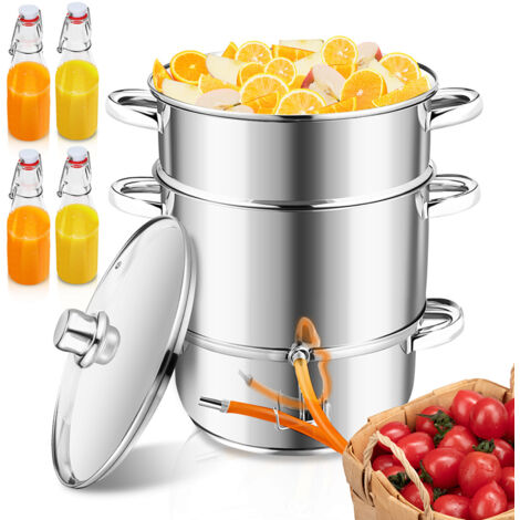 Randaco Estrazione a vapore 8 L in acciaio inox con 4 bottiglie con tappo a clip – Estrattore per frutta e verdura, Ø 26 cm, lavabile in lavastoviglie, adatto a tutti i tipi di fornelli, compresa l'in