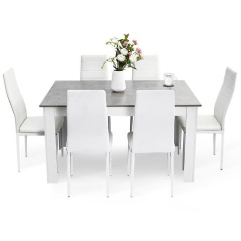 Esstisch Set mit 6 Stühlen, moderne Essgruppe mit Kunstleder Hochlehner, für Esszimmer/Wohnzimmer, 138x90x75cm, Weiß&Grau, Mondeer