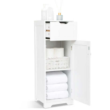 Kommode, Badschrank Schmal, Badezimmerschrank mit 1 Schubladen 1 Tür 2 Regal, 32x30x87cm Weiß Lackiertes, Badmöbel für Badezimmer Küche Wohnzimmer Eingang,Weiß-Meerveil