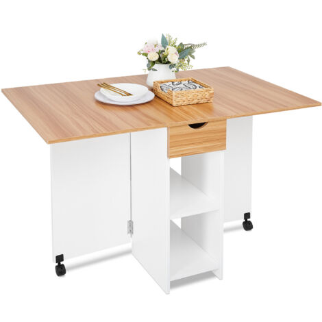 Mondeer Klapptisch mit 1 Schublade & 2 Ablagen & Rollen, Klappbarer Esstisch für Küche/Wohnzimmer,72 x 120 x 75 cm,Weiß Eiche