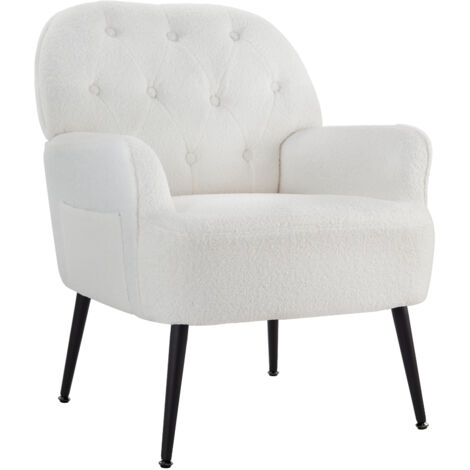 IWMH Einzelsessel, Lesesessel mit Armlehnen, Retro Lounge Cocktailsessel, Sessel mit Metallbeinen - Teddystoff - Weiß