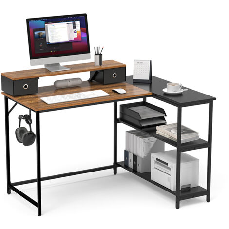 Mondeer L-Form Schreibtisch, Reversibel & Platzsparend mit 2 Regalen & Schubladen, Eckschreibtisch für Büro Heimbüro Arbeitszimmer, 120x90cm, Vintage Schwarz (1/5)